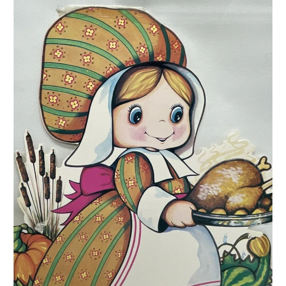 Vintage Beistle 1978 Thanksgiving Die Cut Pilgrim Girl Cardboard Decoration